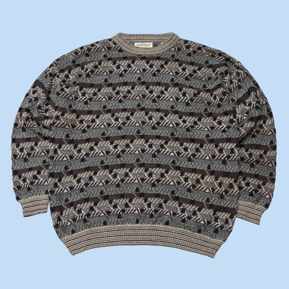 Natural Issue Mens XXL Geometric Knit Crewneck Sweater Grey Brown Black Acrylic
